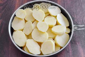 Картофель нарезаем кольцами средней толщины, затем укладываем в глубокую сковороду. Солим по вкусу. Ставим запекать в духовку на 20 минут при 180°С, на низ сковороды наливаем 0,5 стакана кипячёной воды.